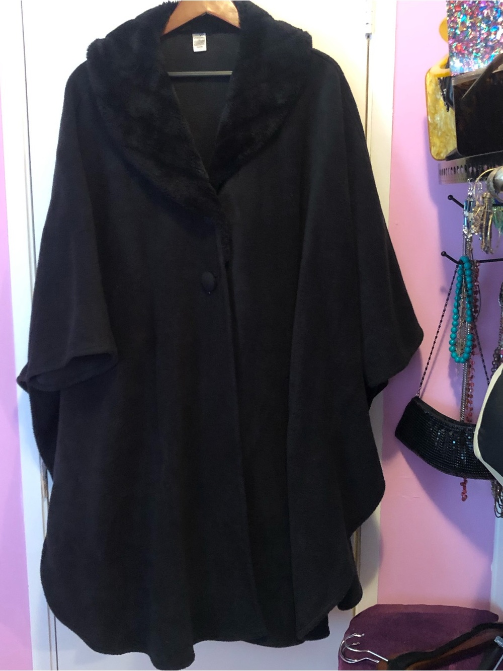 East 5th Black Hooded Faux Fur-Trim Cape Sweater